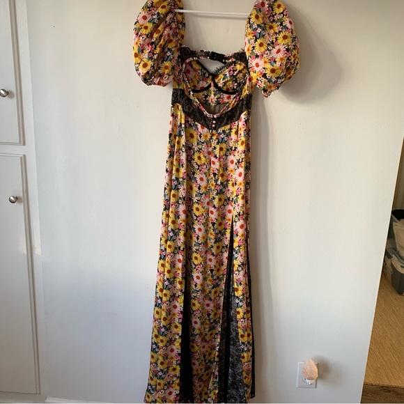 NWT For Love & Lemons Sylvia Floral Lace Puff Short Sleeve Slit Maxi Dress - Picture 12 of 15